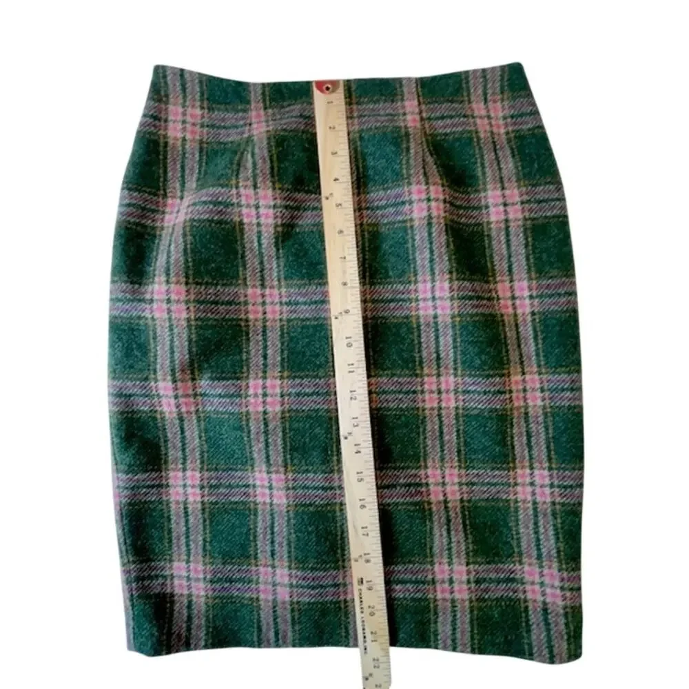 Boden British Tweed Green Pink Plaid Wool Pencil Skirt US 6 Preppy Academia